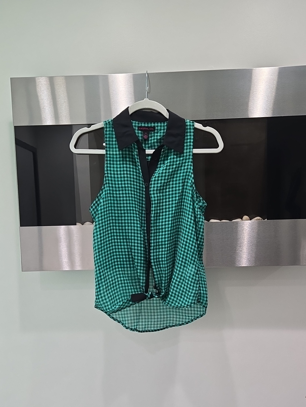 Sleeveless Green Gingham Blouse with Blue Collar